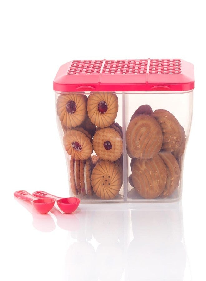 HAPPI Multipurpose Plastic 2 in 1 Masala Box for Kitchen, Spice Boxes for Kitchen, Transparent 2 Compartment Storage Containers Airtight Grocery, Dry Fruits Box 2000 Ml with 2 Spoons(Pink) - Image 2